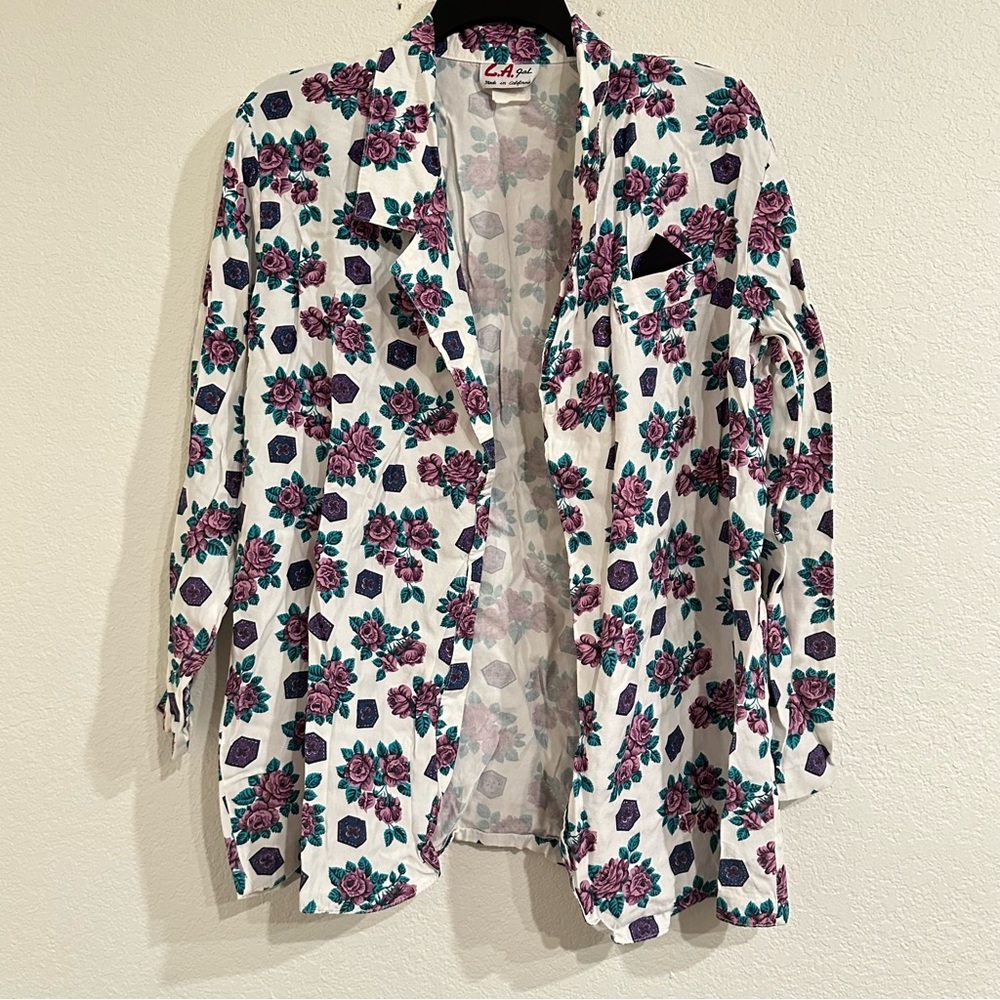 Vintage 90s Open Front Purple Floral Print Blazer, Pocket Square, Women’s Medium